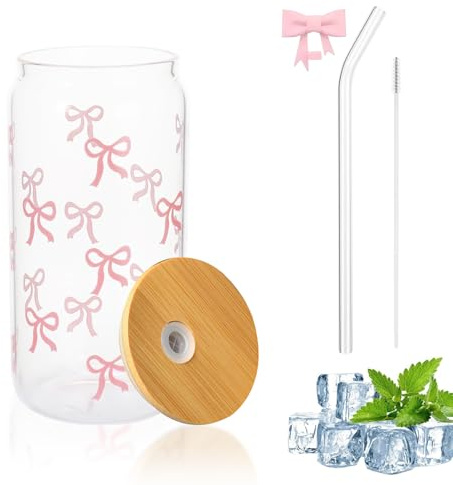 Eidoct 500ml Pink Bow Glass Tumbler with Lid & Straw - Leak-Proof Iced Coffee Cup for Bubble Tea, Matcha, Smoothies & Cocktails | Elegant Gift for Women & Girls (Cute & Reusable)