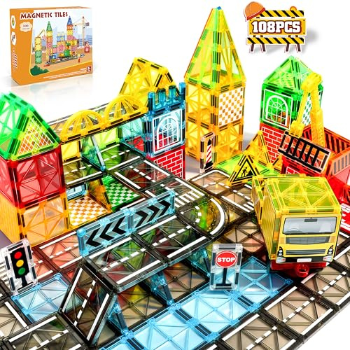 YOOHBERRYS Magnetische Bausteine Straßenset, 100PCS Ausfahrbarem Magnetisches Straßenset, Magnetbausteine Straße Set mit Kran und Building Fliesen, Magnet Spielzeug Kinder ab 3 4 5 Jahre