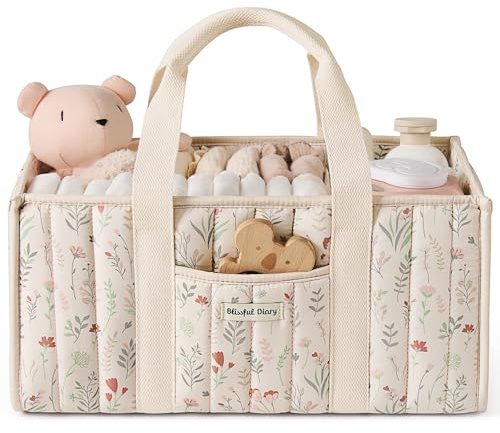 Blissful Diary Organizer per pannolini, Organizer Fasciatoio, Cesto Prodotti Neonato, Cestino di Archiviazione Elegante per Necessità Neonatali e Stazione per Luiers, Beige Fiorito