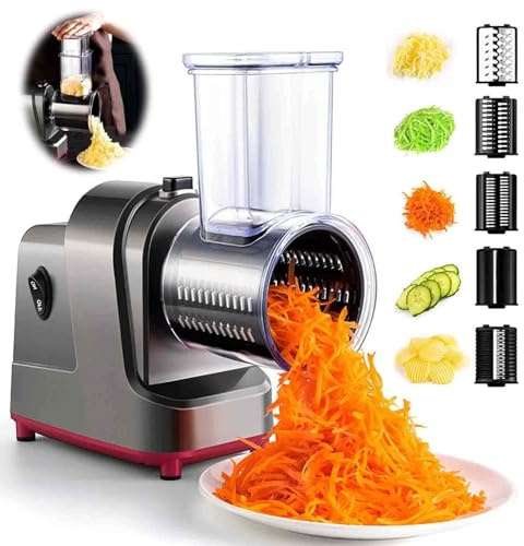 LISTaRSw Affettatrice per Verdure con 5 Lame + Apertura per Alimentazione da 7,5 Cm, Grattugia Elettrica Potenziata, Controllo con Un Pulsante, per Frutta, Verdura, Formaggio