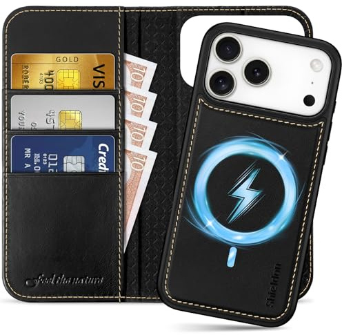 SHIELDON Abnehmbare Lederhülle für iPhone 17 Pro Max 6,9 5G, Retro Schwarz | 2 IN 1 Handyhülle, Kabelloses Laden, 3 Kartenfächer, Ständer, RFID Blocker, Handy-Ösen, Magnet Case