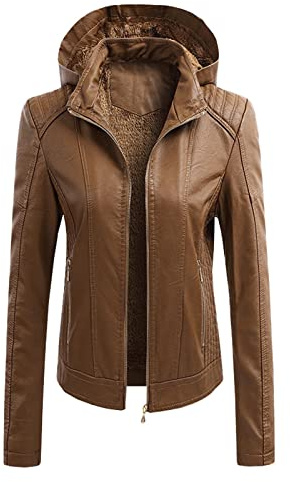 Generisch Veste de moto à manches longues pour femme - En cuir synthétique - Avec chapeau amovible, marron, XXL
