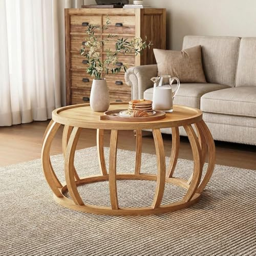 TRIBEWOOD Couchtisch aus Massivholz, 80 cm Rund Wohnzimmertisch mit Gebogenem Rahmensockel für Wohnzimmer, Home Office, Bauernhaus-Design, Natürlich