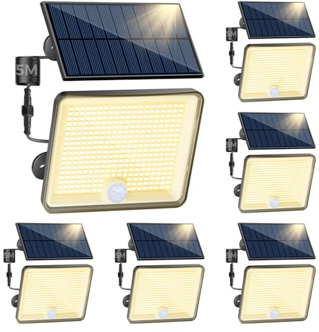 Peasur 6 Stück 3000K Solarlampen für Außen mit Bewegungsmelder, 348 LED Solar Strahler Außen, IP65 Wasserdicht Solarleuchten 3 Modi Solarlampe Garten mit 5m Kabel