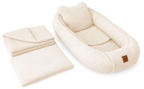 Babynestchen Neugeborene – 5-teiliges Baby Set mit Babynest aus Waffelpique Baumwolle – Nestchen Baby für Babybett & Kinderbett – Babykokon Tragbar – OEKO-TEX – Zubehör Babybett - Hellbeige