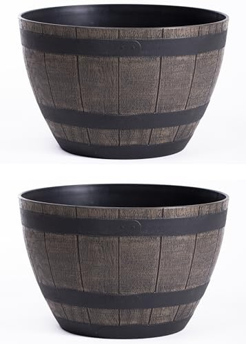 Garden Gear Curved Wooden Barrel Planter Rustic Oak Effect Weatherproof Plastic Outdoor Indoor Flower Pot 3 Sizes Medium Large XL (Small x2)