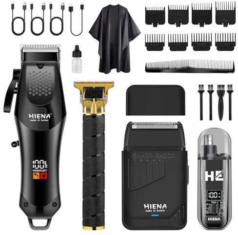 HIENA PRO Professional Hair Clipper Set for Men, Cordless Barber Trimmer and Electric Foil Shaver, Nose Hair Trimmer, Hair Cutting Kit, R-Type Adjustable Blade, LED Display, USB Charging