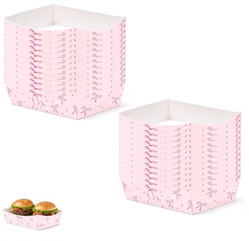 BOFYTR 24-Piece Pink Tray Set, Disposable Party Food Trays for Snacks | Includes two 12-piece packs of pink paper plates and trays. Ideal for serving french fries, popcorn, and party snacks.