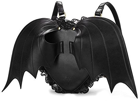 NEEVAS Fashion Girl Gothic Black Bat Heart Wings Backpack Goth Punk Lace Wing Bag