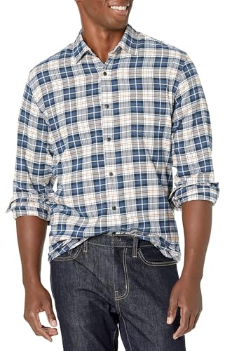 Amazon Essentials Regular-fit Long-sleeve Plaid Flannel Shirt, Chemise Homme, Bleu (Blue/White Plaid), Large