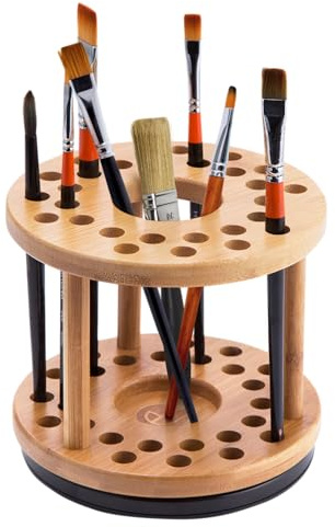 JackCubeDesign 360 Rotating Paint Brush Holder Bamboo Watercolor Artist Brush Water Coloring Organizer Display Stand Tray Rack with 27 Holes and 1 Big Hole – MK441A