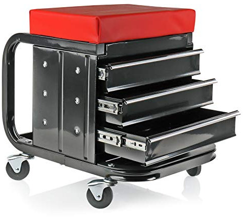 deiwo Taburete de taller con ruedas, asiento de taller con 3 cajones, para herramientas de hasta 135 kg, 48 x 35 x 43 cm