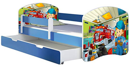 ACMA Kinderbett 160x80 cm Blau mit Bettkasten, Matratze & Lattenrost – Jugendbett mit Rausfallschutz, personalisiertes Motiv 45 Mechaniker, Kinderzimmer, belastbar bis 120 kg