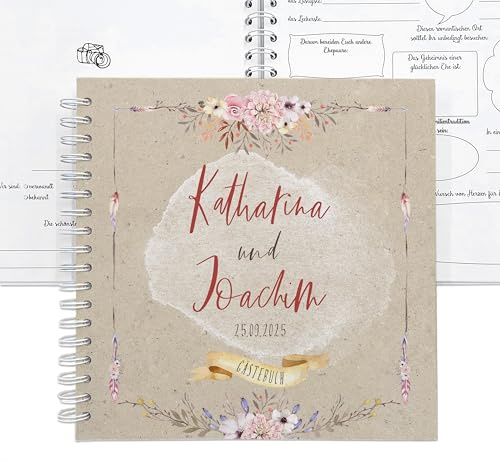 Feenstaub Gästebuch Hochzeit mit Fragen Ringbuch, personalisiert 25x25 cm, Boho Hochzeitsgästebuch zum Ausfüllen, Hochzeitsbuch für 30|45|60 Gäste, Spiralbindung