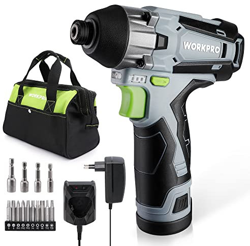 WORKPRO Akku-Schlagschrauber, 12V Schlagschrauber 100 Nm 2000 U/min, 1/4”Spannfutter, mit 2,0 Ah Akku und Ladegerät, 14 Zubehör und Werkzeugtasche, LED Licht, zum Schrauben und Schlagschrauben