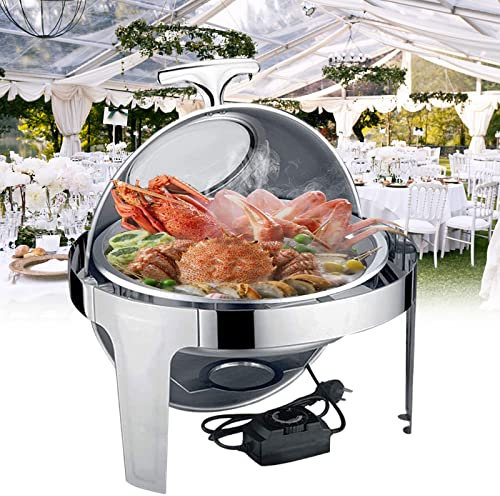 JTYDFG Roll Top Chafing Dishes for Buffet, Round Chafing Dish Food Warmer Electric Buffet Server and Warmers with Clear Lids, Adjustable Temperature 35℃-85℃, Electric Heating/alcohol Heating, 6L