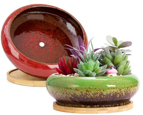 ARTKETTY Lot de 2 Grands Pots de Fleurs pour Plantes Grasses avec Drainage, bonsaï Peu Profonds avec Plateaux, Pots en céramique pour intérieur et extérieur