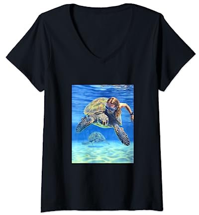 Damen Schnorcheln Tauchen Schnorchel Meeresschildkröte Schnorchel T-Shirt mit V-Ausschnitt