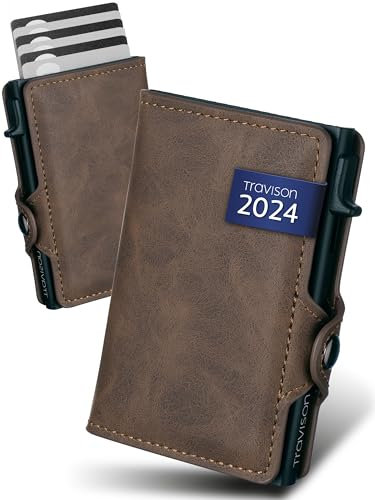 Travison® SMART Wallet mit Münzfach und Geldscheinfach - Kartenetui mit Münzfach und Schnellzugriff - RFID-Schutz - Herren Geldbörse klein - Kreditkartenetui - Geldbörse mini (Braun)
