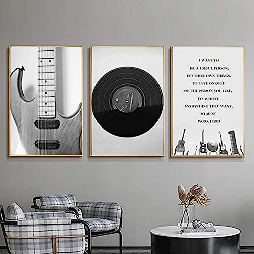 HTWLMM Leinwand Bilder Vinyl Schallplatten Schwarz Weiß Vintage Musik Gitarre Malerei Poster Kunstdruck für Wohnzimmer Schlafzimmer Wandbilder Deko Rahmenlos (3X30X40CM)