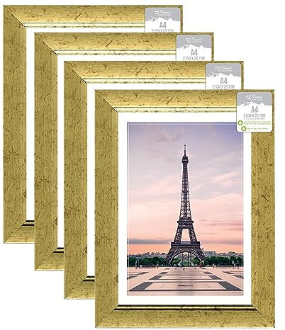 M1SS (Set of 4 - A4 Gold Photo Frame Glass Front A4 Size Picture Frames Certificate Wood Effect Posters Portrait Landscape Wall Mountable Modern Picture Hang Hook Frame for Home Office Wall Décor