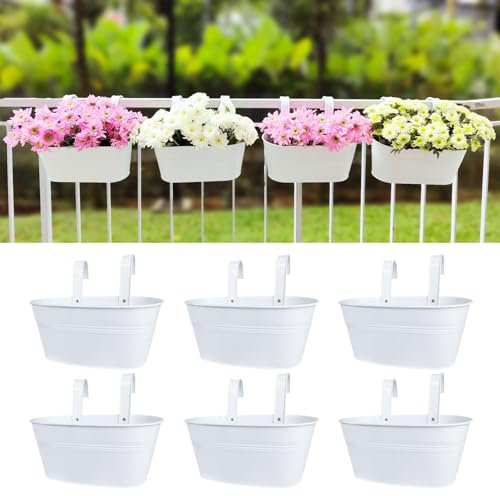 LaLaGreen - Macetas para exteriores (paquete de 6, 28,4 cm), macetas colgantes de hierro de metal blanco, barandilla de terraza, maceta de fresas, valla, cubo, montaje en pared, jardinera de ventana