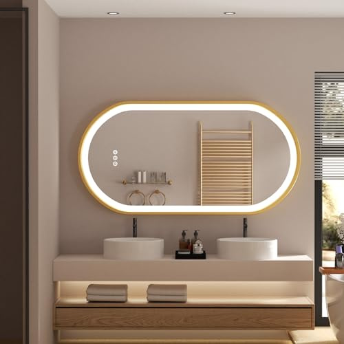 LUVODI Ovaler Badezimmerspiegel, 120 x 60 cm, beleuchteter Spiegel, Touchscreen, 3 Farben, angeschlossener Spiegel mit integrierter Beleuchtung, LED-Spiegel, gebürstet, Wandspiegel, beschlagfrei, IP56