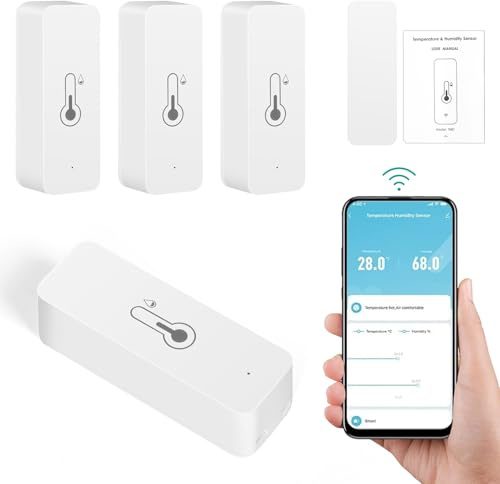 BuyWeek 4 Pack WLAN Thermometer Hygrometer, Smart Kabelloser Innen Außen Temperatursensor Feuchtigkeitssensor Kompatibel Alexa/Google Home, mit Tuya App, Datenspeicherung