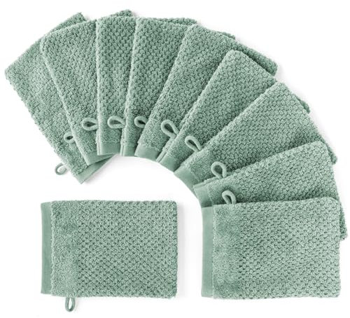 Pure Label 10-TLG. Waschhandschuh Set 16x21cm mit Anhängeschlaufe aus 100% Baumwolle, saugstark, weich und Oeko-TEX Zertifiziert - 10 Waschlappen aus Baumwolle, Grün - Salbeigrün