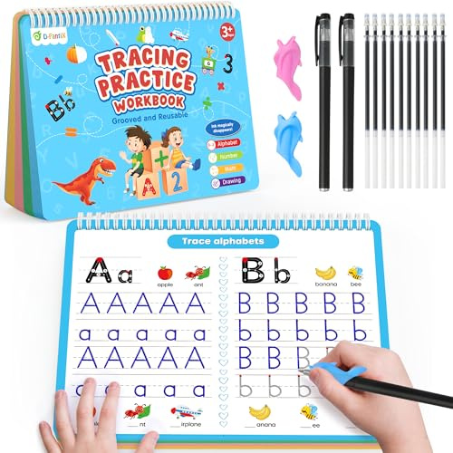 D-FantiX Quaderno 4 in 1 per pratica con scanalatura magica, quaderni di lavoro riutilizzabili per scrivere a mano, libri di tracciamento dell'alfabeto per bambini dai 3 agli 8 anni, pratica di