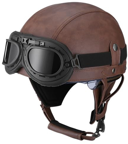 Casco Jet Vintage Omologato ECE Mezzo Pelle Casco Da Motociclista Con Occhiali Casco A Scodella Caschi Cromwell Per Uomo Donna Biker Cruiser Scooter Touring 11,L:59-60CM