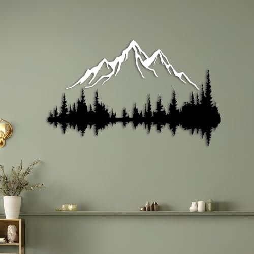 Metall Wandkunst Berg und Wald Metall Wanddekoration, große Wandskulptur für rustikales Zuhause, Innen und Außenbereich, Moderne Deko, Bilder für Zuhause Büro Wohnzimmer (Berg 2, Klein, White/Black)