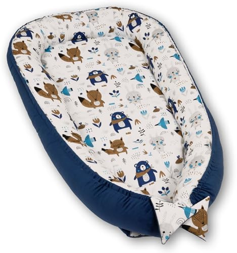 PaLulli Kuschelnest 2-seitig Babynest Babynestchen Baby Nest Nestchen Reisebett Wickelauflage Kuschelbett, Kokon Kokon für Babybett - Babys und Säuglinge, 100% Baumwolle Oeko TEX (Blau Bär)