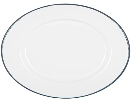 Argon Tableware Enamel Serving Platter with Blue Rim - 30.5 x 22.5cm White Enamel Rectangular Serving Board Food Trays for Food, Drinks at Picnics, Camping, Travels