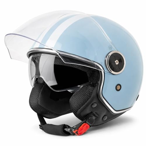 VINZ Arenas Jethelm mit Doppelvisier | Roller Helm mit Streifen & mit Sonnenblende | In Gr. XS-XXL | ECE 22.06 Zertifiziert | Motorradhelm mit Visier | Viele Farben Erhältlich - Hellblau