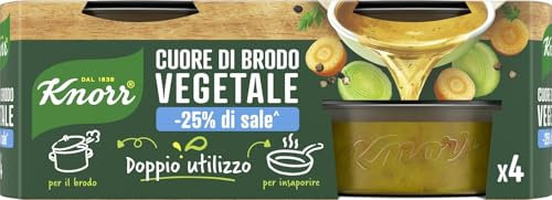 Knorr Cuore di Brodo Vegetale, Pronto da Diluire, con -25% di Sale^, con Verdure da Agricoltura Sostenibile, Vegano, Senza Glutine, Senza Glutammato*, Senza Conservanti, 4 Vaschette da 28g