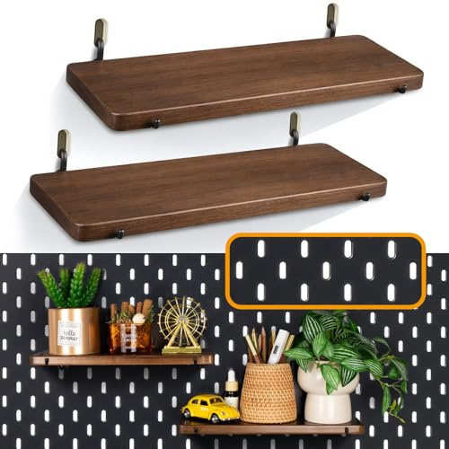 SEMPOMA 2 Pack Walnut Color Pegboard Shelf, Pegboard Accessories, Wooden Pegboard Shelves with Pegboard Hooks, Compatible with IKEA Skadis Pegboard