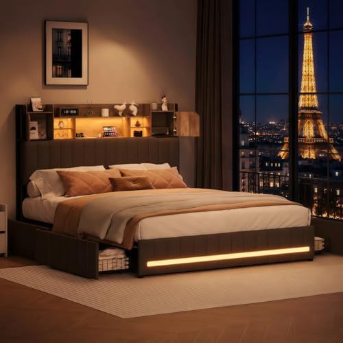 LIVLUX Lit 160x200 avec Sommier LED et USB,Lit Double rembourré avec sommier à Lattes et 4 Tiroirs,Tete de lit avec Rangement,2 Personnes pour Adultes et Adolescents,Lin (Gris, 160 x 200 cm)