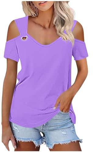 Ybing Top da donna con spalle scoperte, tinta unita, con scollo a V, sexy, a spalla fredda, elegante, maglietta estiva, sottile, comoda, in cotone, a maniche corte
