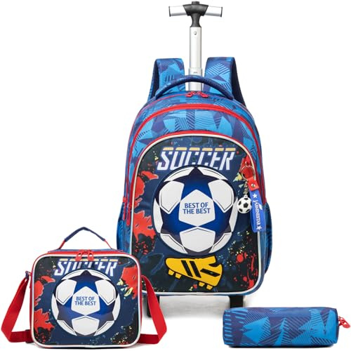 Egchescebo Kinder Rucksack mit Rollen Kinderkoffer 17” Jungen für Koffer Schultrolley Kindertrolley Trolley Groß Schultasche Handgepäck Kindergepäck 3pcs Sätze Geeignet Grundschüler Fußball Blau
