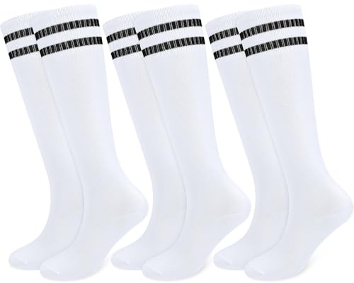 srclo 3 paia di calzini da calcio traspiranti per bambini, calzini sportivi da calcio lunghi per ragazzi e ragazze, junior, per corsa, allenamento, rugby, (età 5-12), 3bianco, 5-8 Years