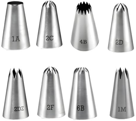 8 große Spritztüllen – Spritztüllen aus Edelstahl für Kuchendekoration – inklusive 1A, 2C, 2D, 2F, 4B, 6B, 2DZ, 1M – Cupcake, Kekse und Gebäck