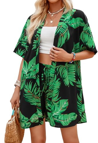 Joyesplay Chemise hawaïenne et Tenue hawaïenne Courtes Manches et Short pour l'Été et la Plage, Vert, L