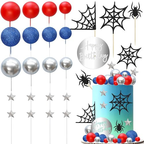 Gyufise 60Pcs Spider Cake Topper Spider Web Cake Decorations Spiders Theme Cake Decor Glitter Happy Birthday Toppers Stars Red Silver Blue Balls Cupcake Topper for Boys Men Baby Shower Party Supplies