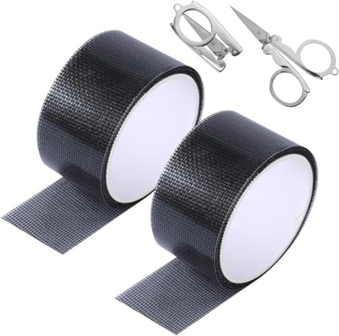 Zanzariera Finestra Riparazione Nastro Adesivo, 2 Rotoli Nastro Zanzariera Ripara 5cmx2m con Forbici Pieghevoli, Ripara Zanzariere Adesivo Invisibile, Finestre Porte Balconi Zanzariere Patch (Nero)