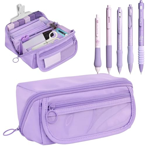 Moerstar Pencil Case for Girls Boys, Large Capacity Pencil Case Set with 5 Pcs Cute Design Pens, Big Pencil Bag with Compartments Multifunctional Pen Bag for School (Purple)