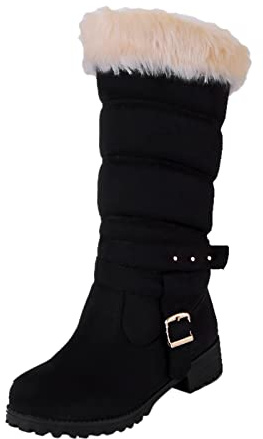 Vinterstövlar dam, fodrade eleganta snöstövlar, Chunky Heel halkfria vandringskängor för kvinnor, halvhöga stövlar, bekväma varma vinterskor, termostövlar med spänne, damstövlar, svart, 40 EU