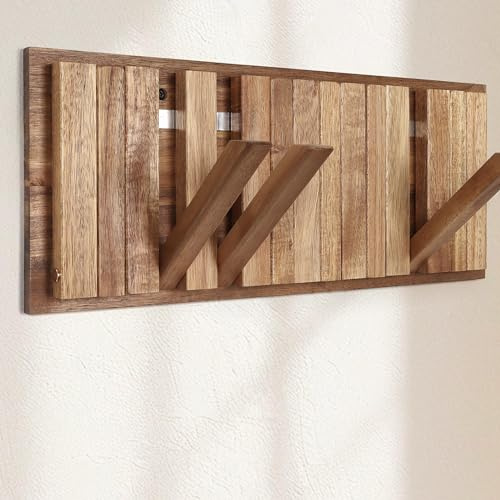 Barre de porte-manteaux en bois de style rustique avec 8 crochets : 42,5 cm crochets muraux pliants magnétiques peu encombrants pour couloir salle de bain – porte-manteau mural jusqu’à 15 kg pour