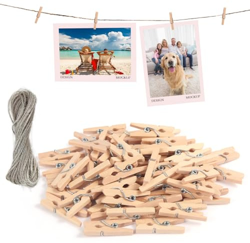 msymsyu Holzklammern 120 Stück Wäscheklammern Holz 2.5x0.3cm mit 10m Schnur | Holzklammern, Holzfarbe Klammern für Fotos Aufhängen und Postkarten Verwendet Werden und Alle Arten von Partydekorationen