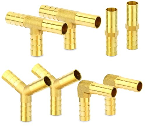 TAILONZ PNEUMATIC Juego de 8 Pzs. 10mm Latón Tubo Codo, 90 Grados L Ángulo Recto, Conector Tubo de Aire en Forma de Y, Conector Tubo en T, Multiuso Combustible/AIRE/Agua/Aceite/Gas/WOG